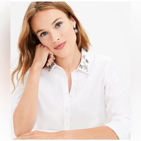 LOFT Tops - Loft Jeweled Collar Everyday White Button Down